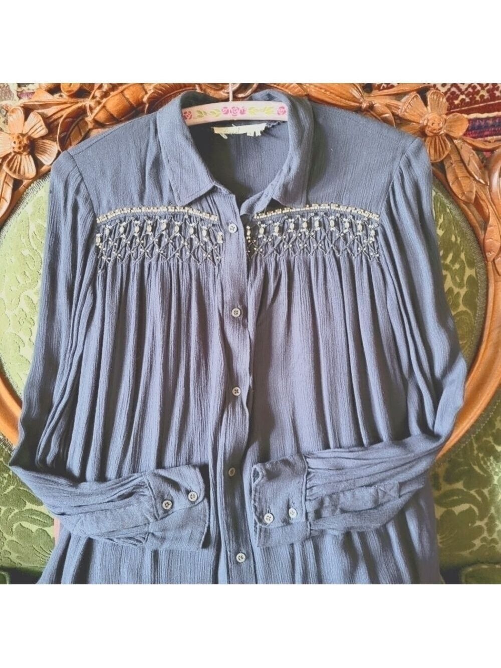 Anthropologie Floreat Beulah Beaded Buttton Up Pleat Front Long Sleeve Blouse - Picture 4 of 16
